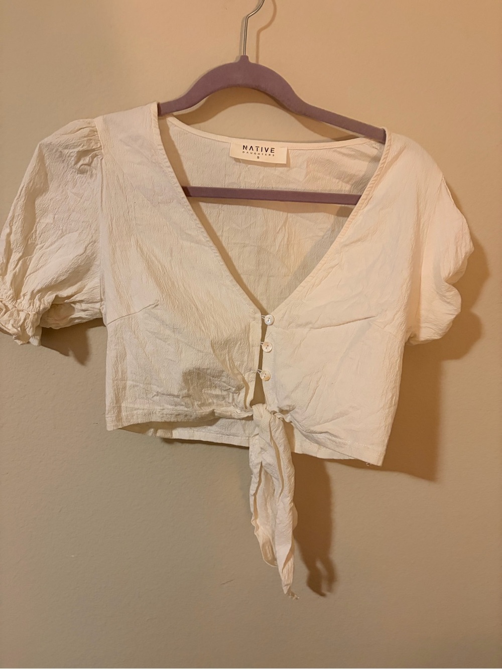Native Daughters Cream Tie-Front Crop Top with Puff Sleeves